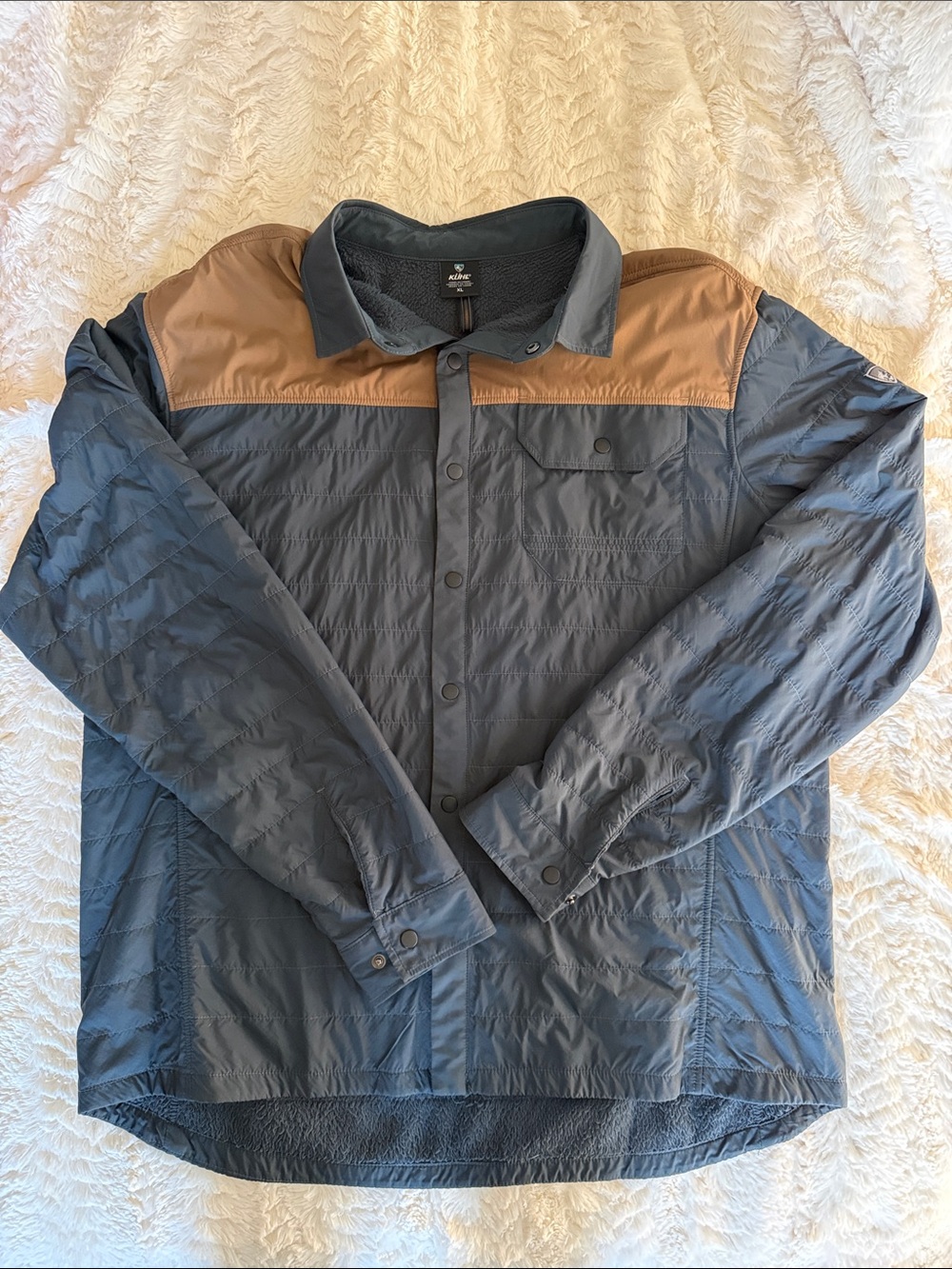 Kuhl Men's Lightweight Quilted Shirt Jacket in Blue with Tan Yoke